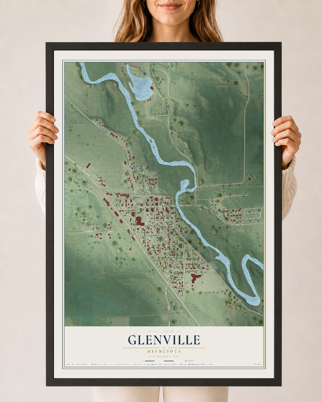 Map of Glenville, Minnesota, 24 x 36 inch print in a black wood frame