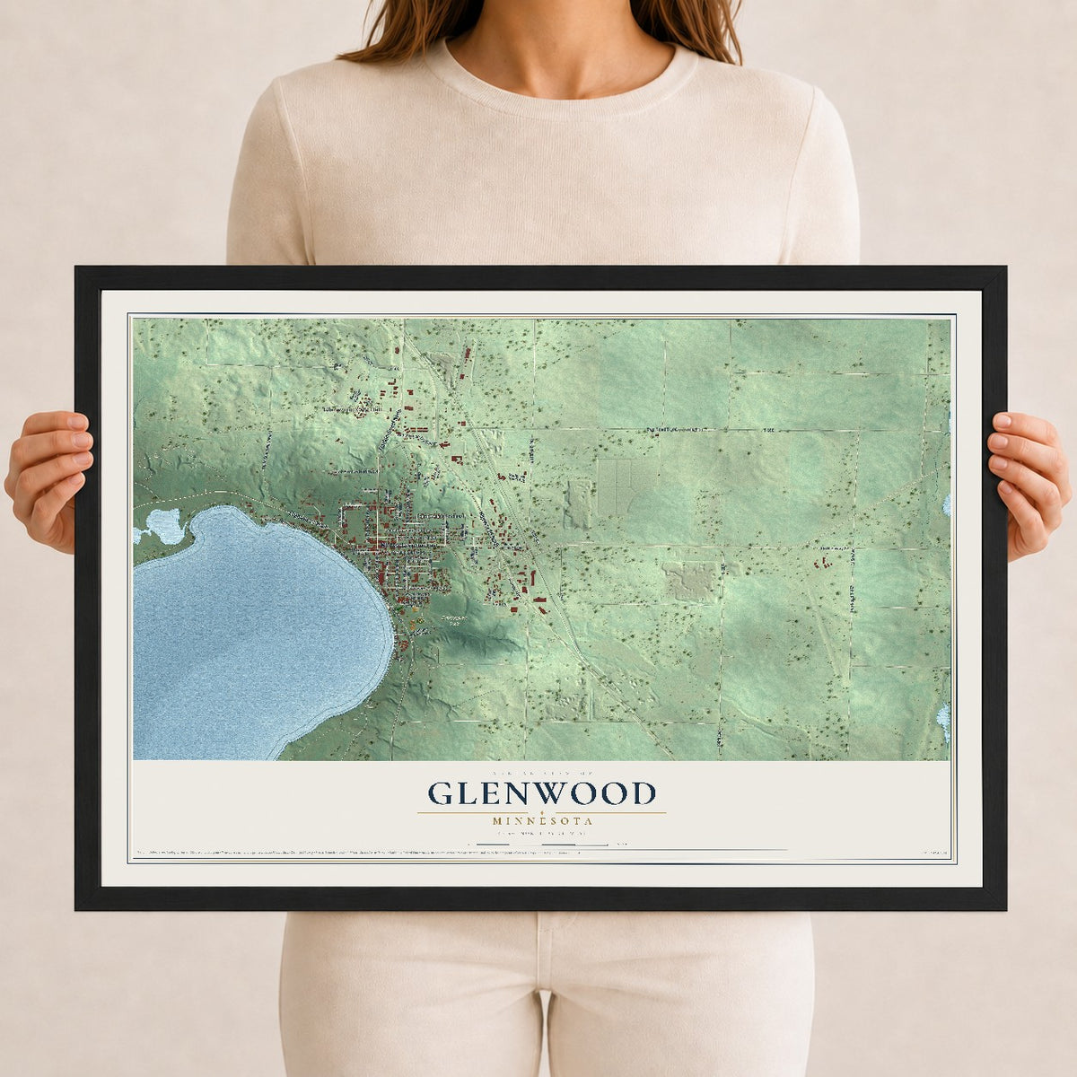 Map of Glenwood, Minnesota, 12 x 18 inch print in a black wood frame