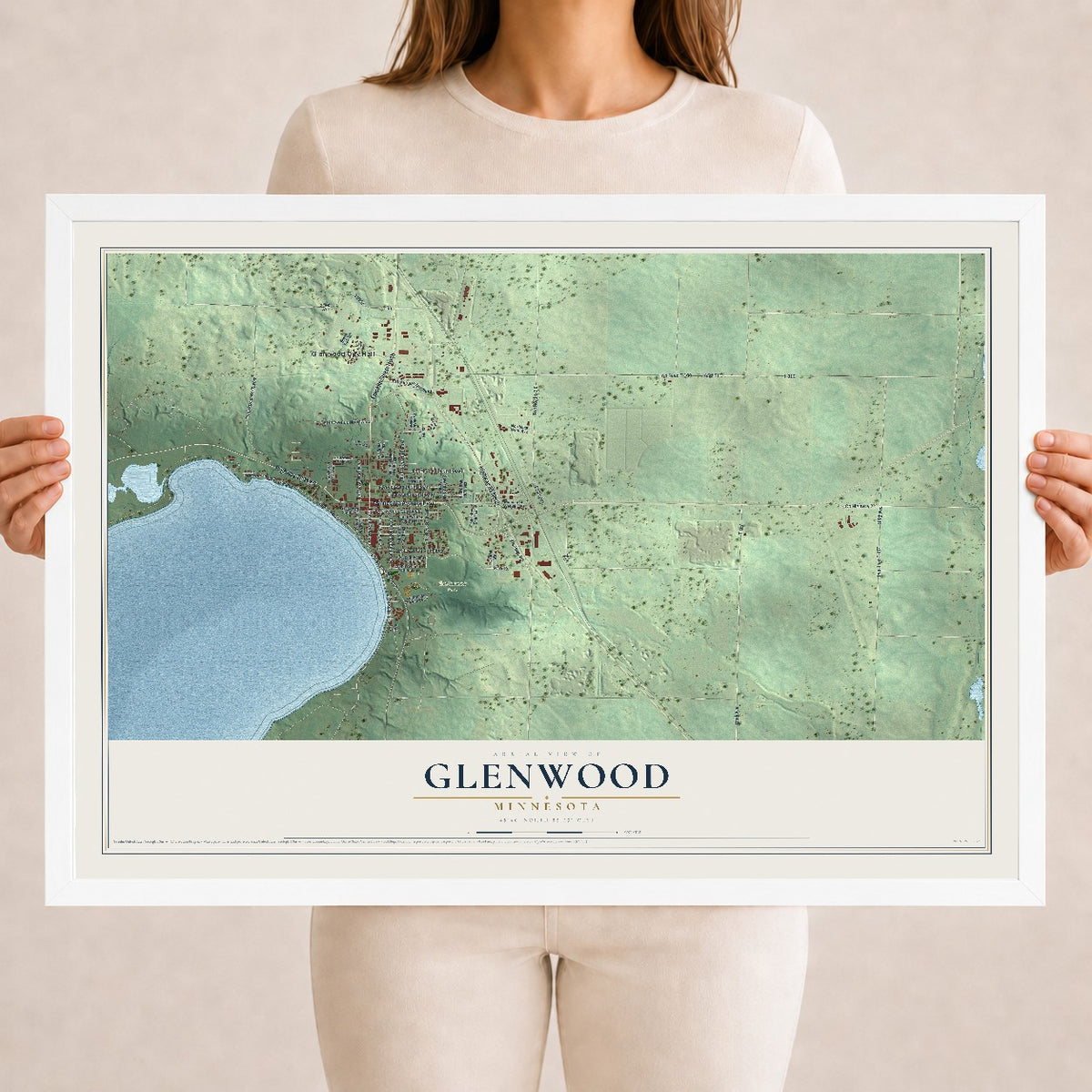 Map of Glenwood, Minnesota, 18 x 24 inch print in a white wood frame