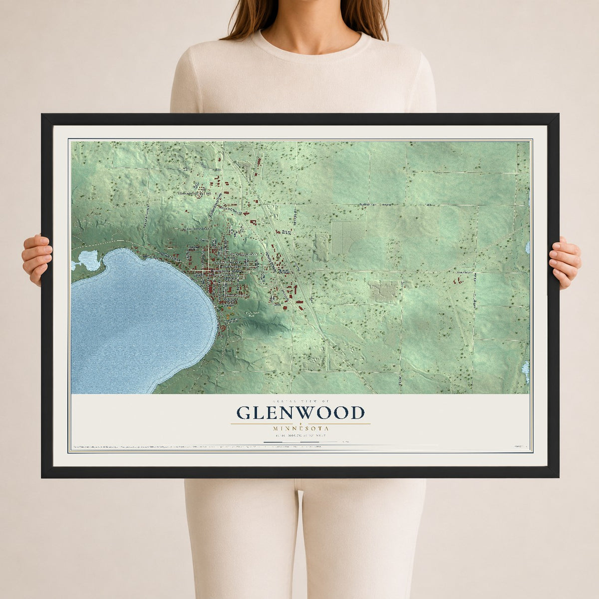 Map of Glenwood, Minnesota, 24 x 36 inch print in a black wood frame