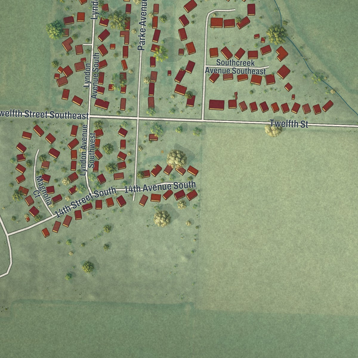 Second close-up of the map of Glyndon, Minnesota print showing more streets and buildings
