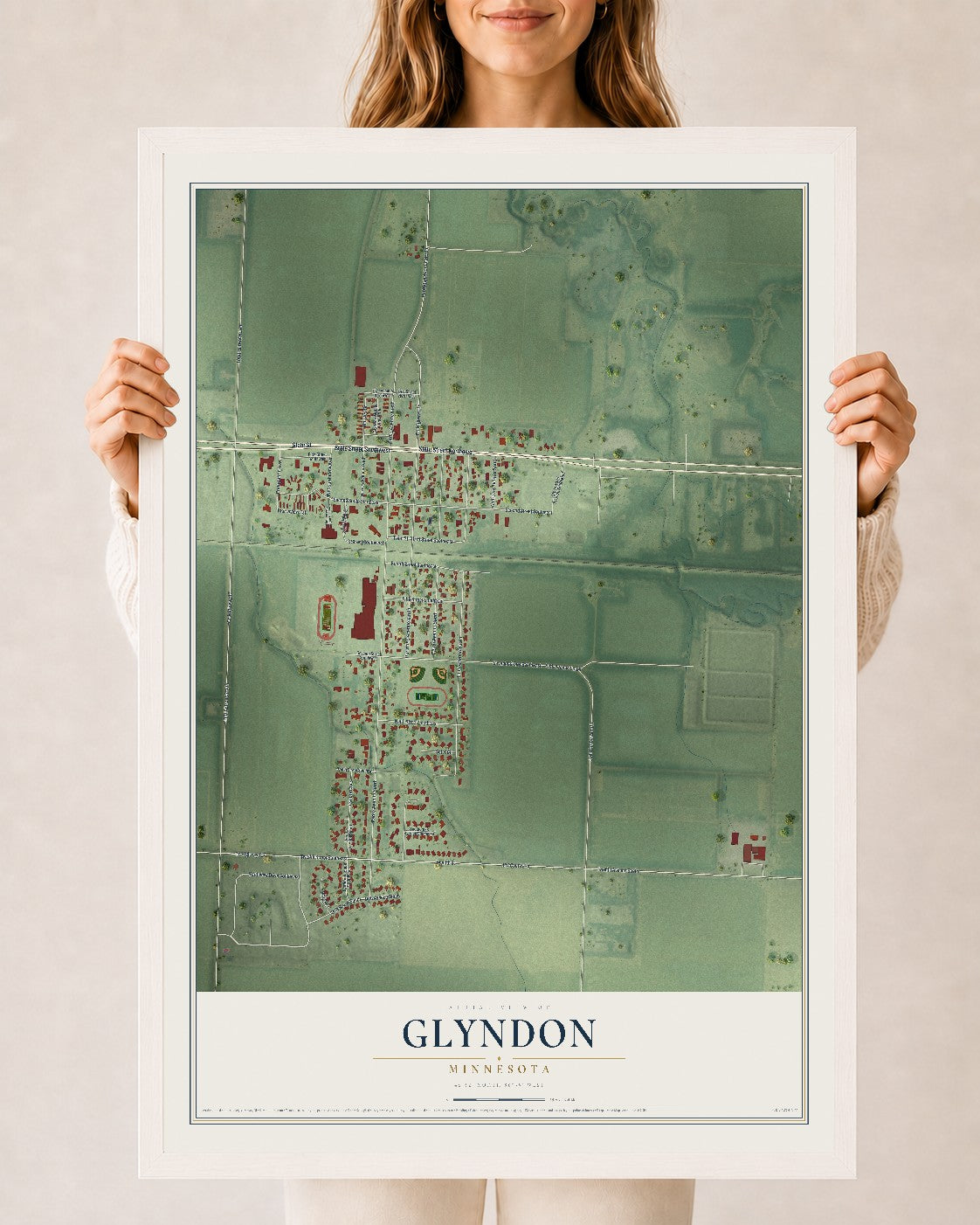 Map of Glyndon, Minnesota, 24 x 36 inch print in a white wood frame
