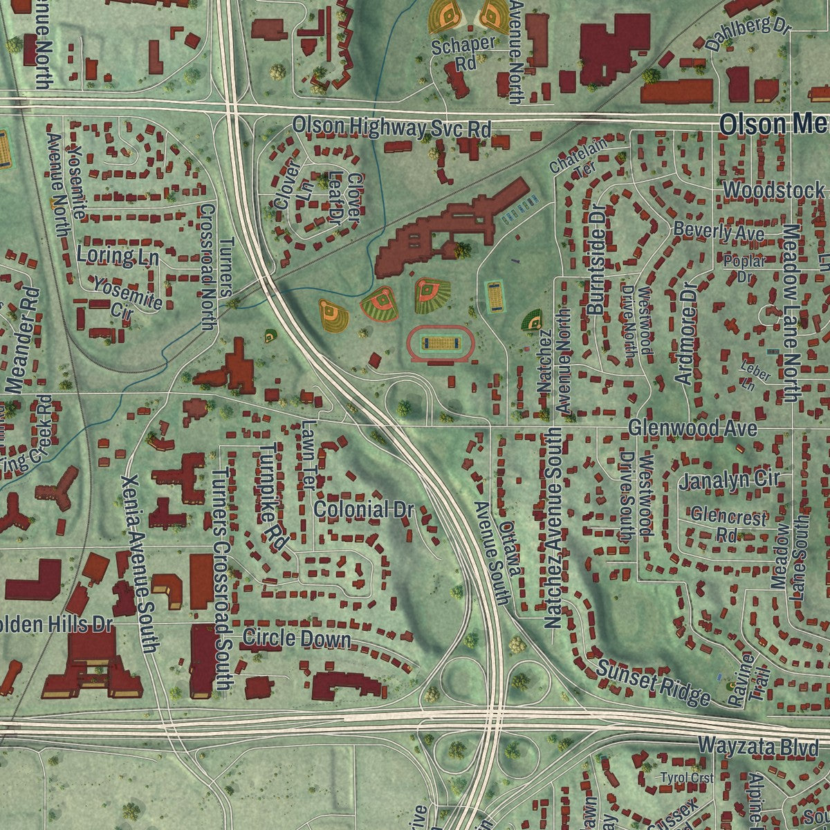 Second close-up of the map of Golden Valley, Minnesota print showing more streets and buildings