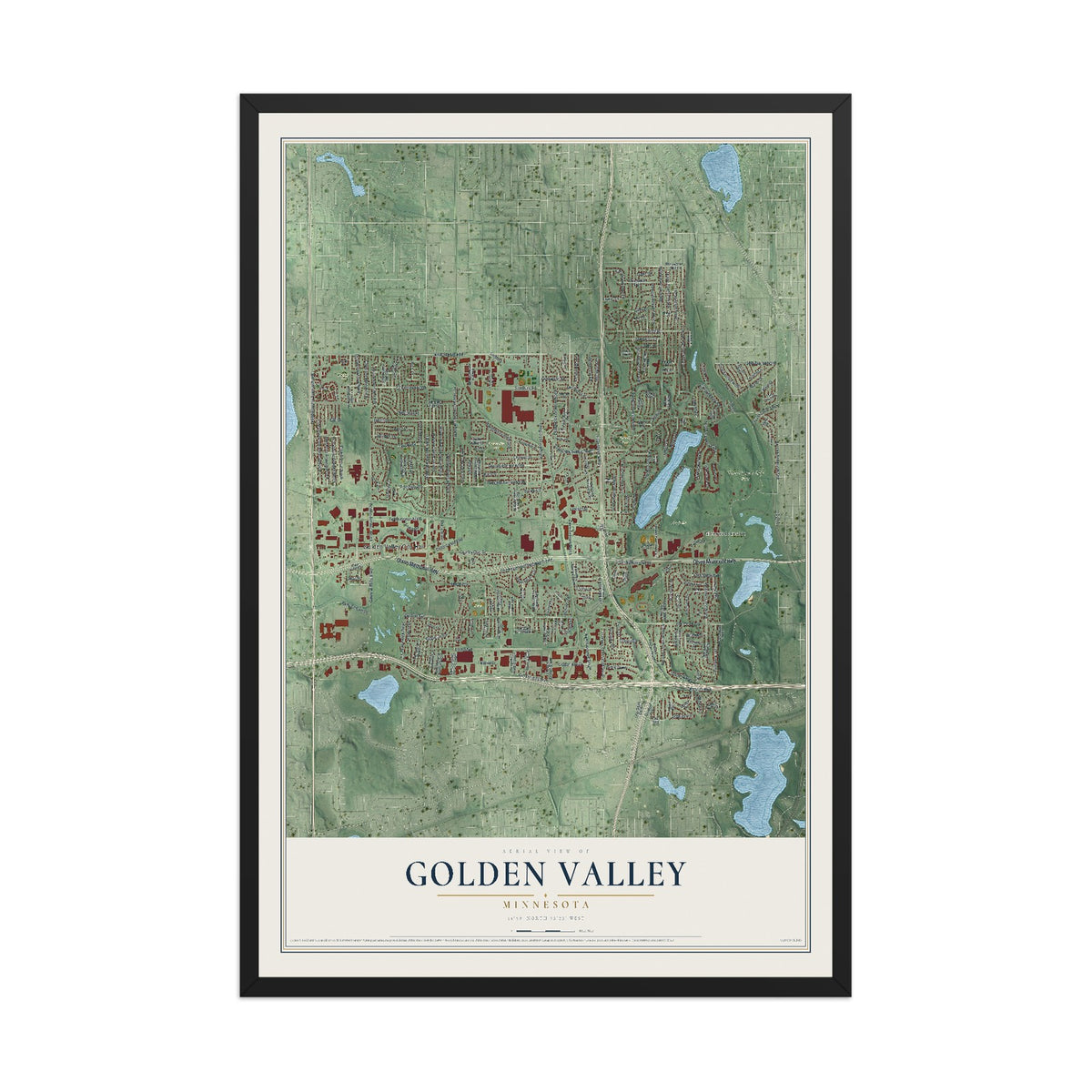 Map of Golden Valley, Minnesota, 12 x 18 inch print in a black wood frame