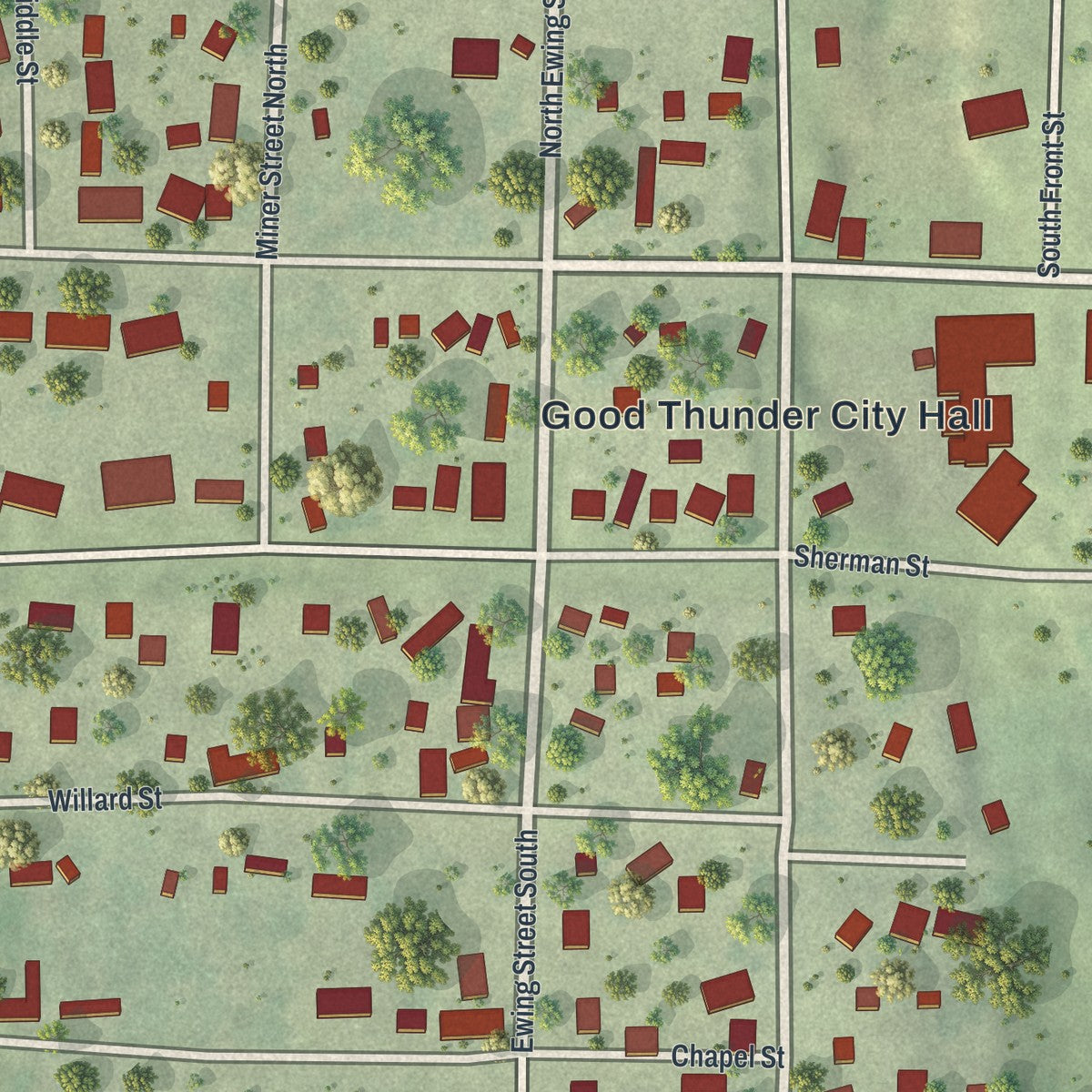 Close-up of the map of Good Thunder, Minnesota print showing street and building detail