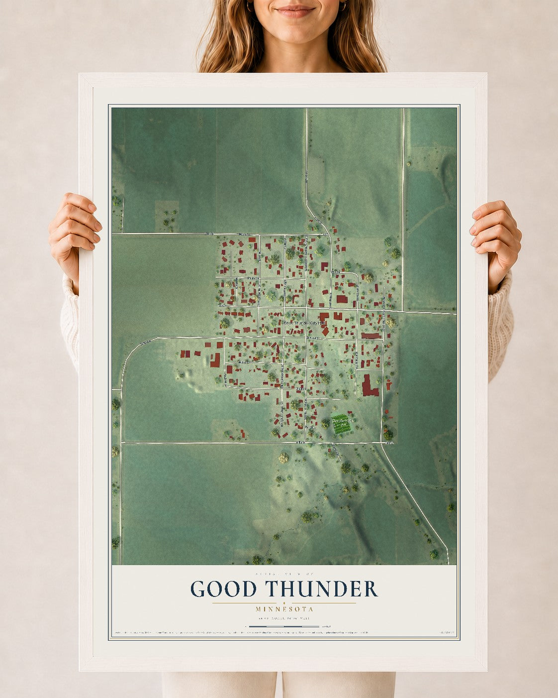 Map of Good Thunder, Minnesota, 24 x 36 inch print in a white wood frame