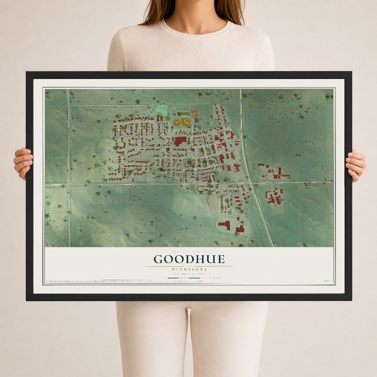 Map of Goodhue, Minnesota, 24 x 36 inch print in a black wood frame