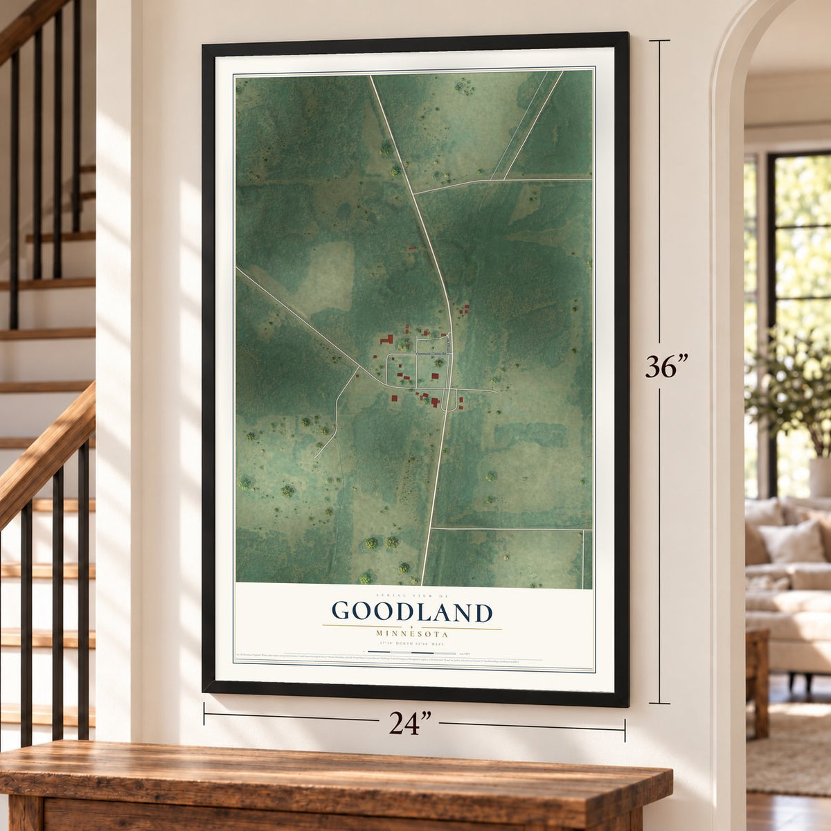 Goodland, Minnesota map, 24 x 36 inch print in a black frame by a staircase