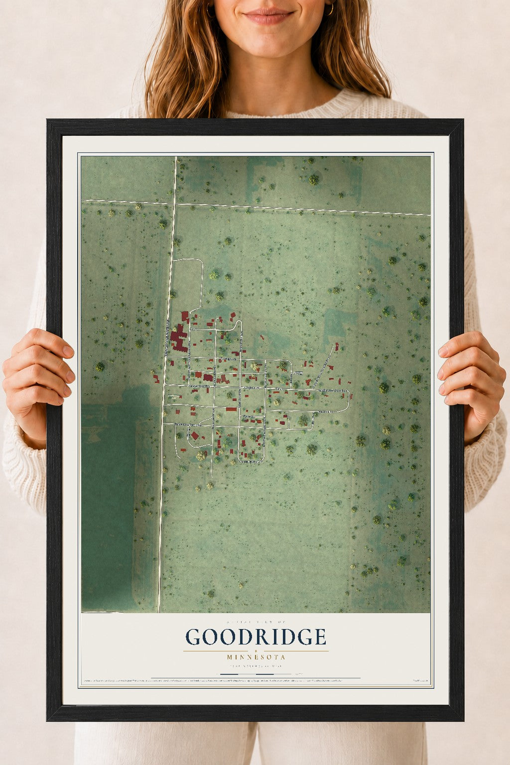 Map of Goodridge, Minnesota, 18 x 24 inch print in a black wood frame