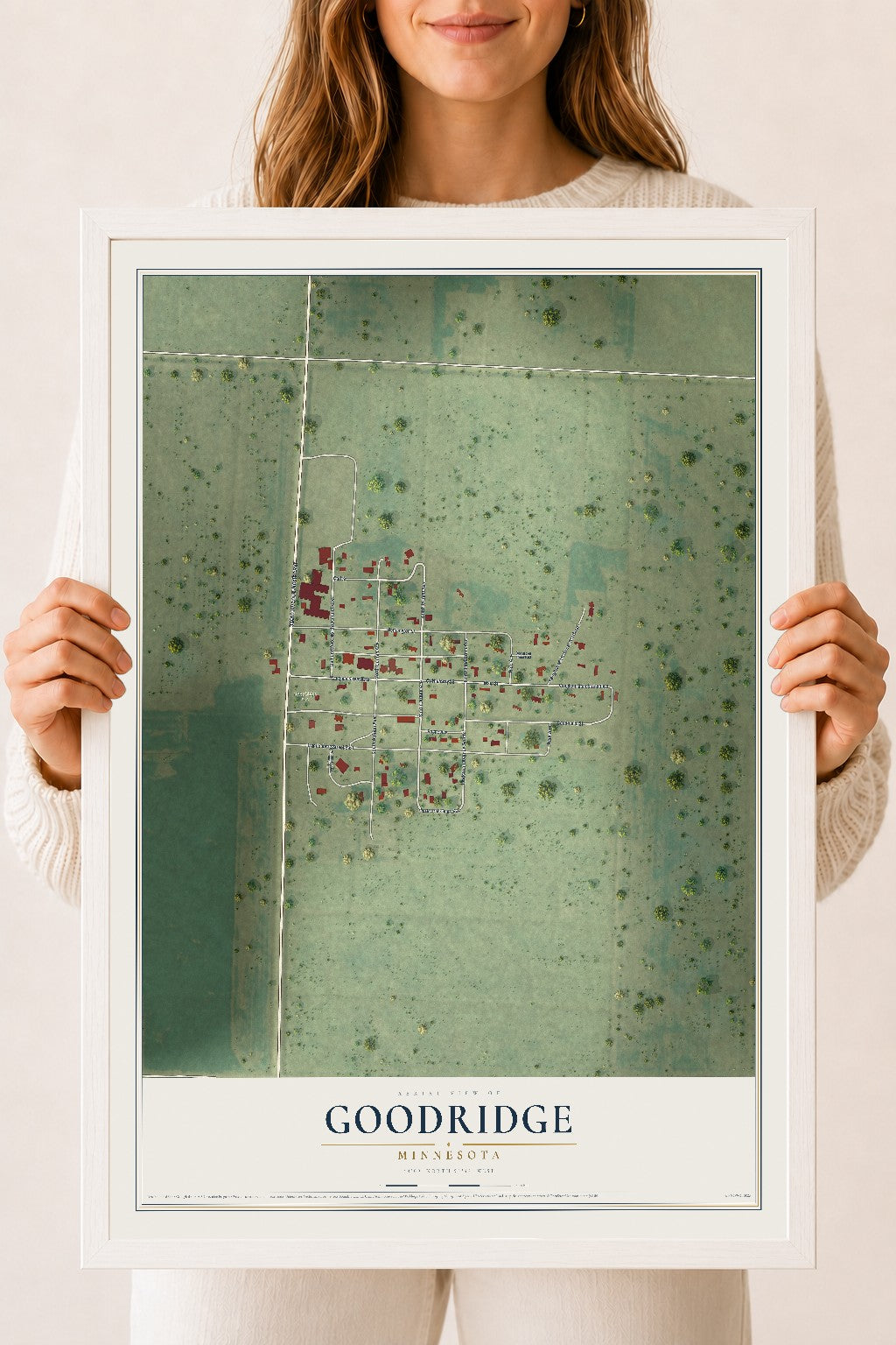 Map of Goodridge, Minnesota, 18 x 24 inch print in a white wood frame
