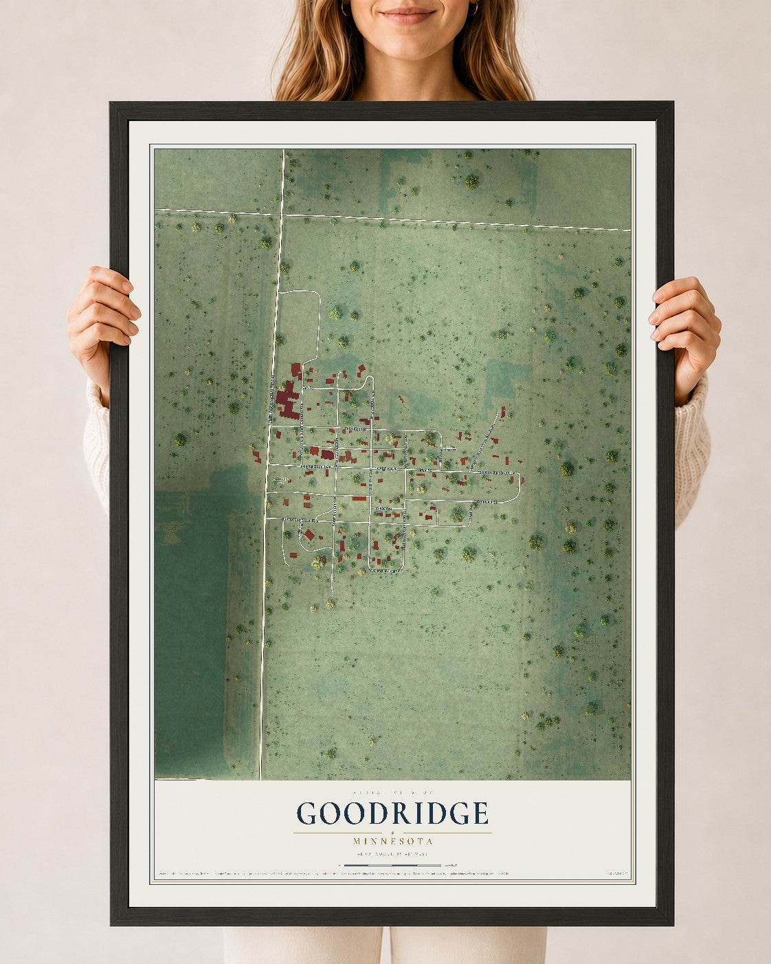 Map of Goodridge, Minnesota, 24 x 36 inch print in a black wood frame