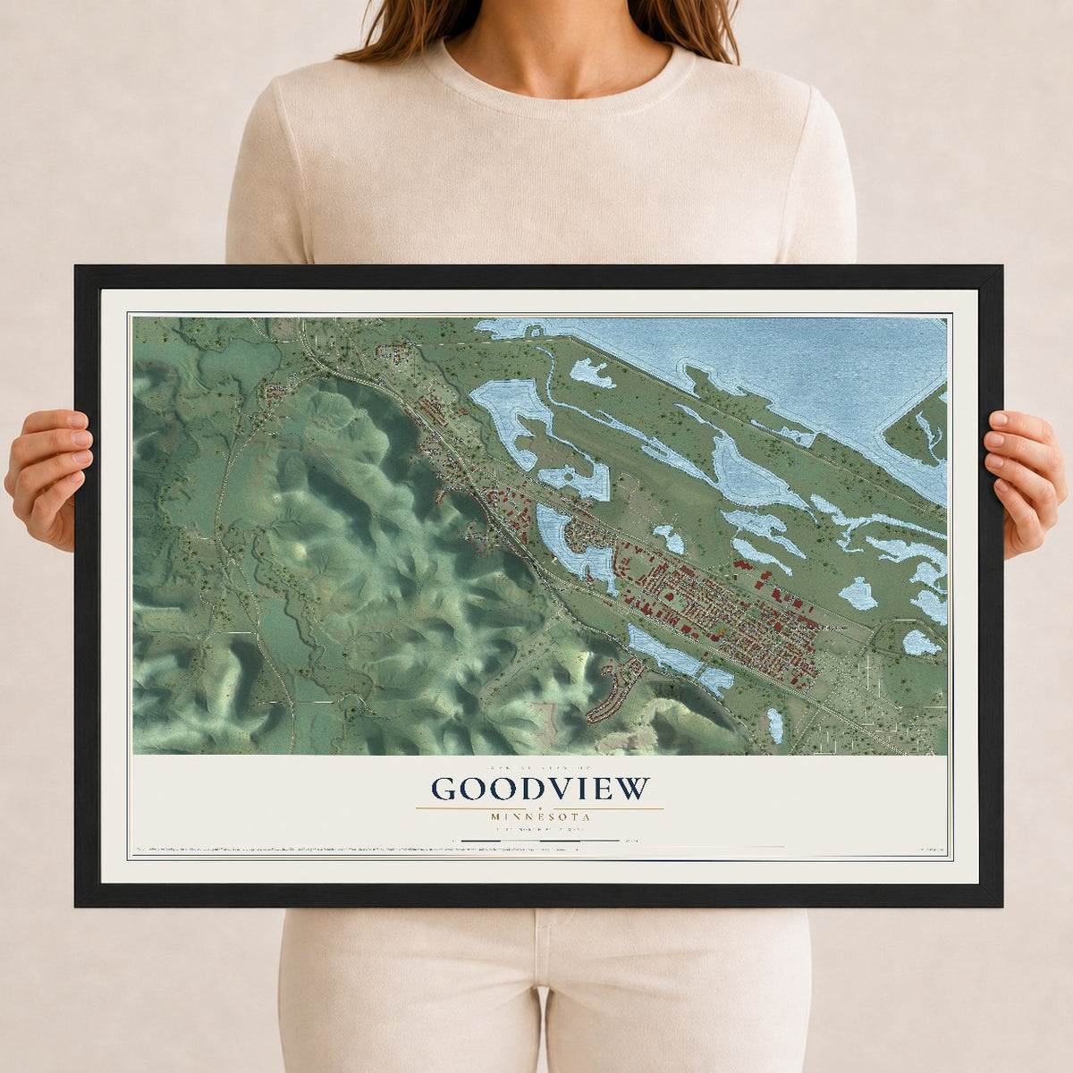 Map of Goodview, Minnesota, 12 x 18 inch print in a black wood frame