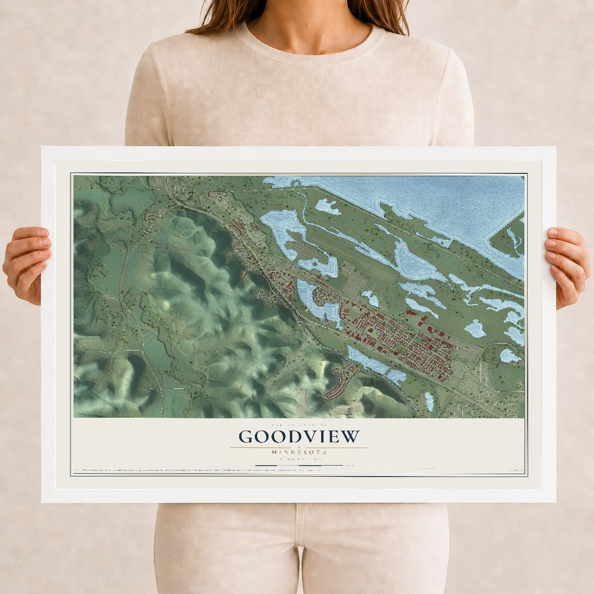 Map of Goodview, Minnesota, 12 x 18 inch print in a white wood frame