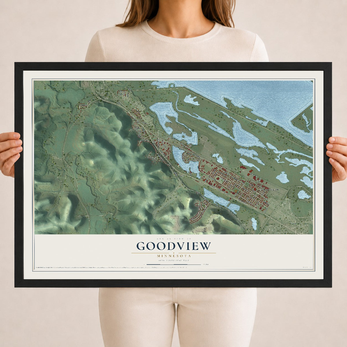 Map of Goodview, Minnesota, 18 x 24 inch print in a black wood frame