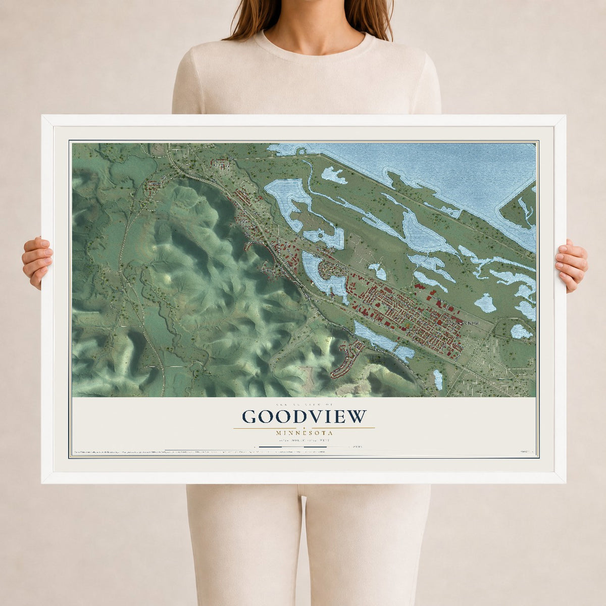 Map of Goodview, Minnesota, 24 x 36 inch print in a white wood frame