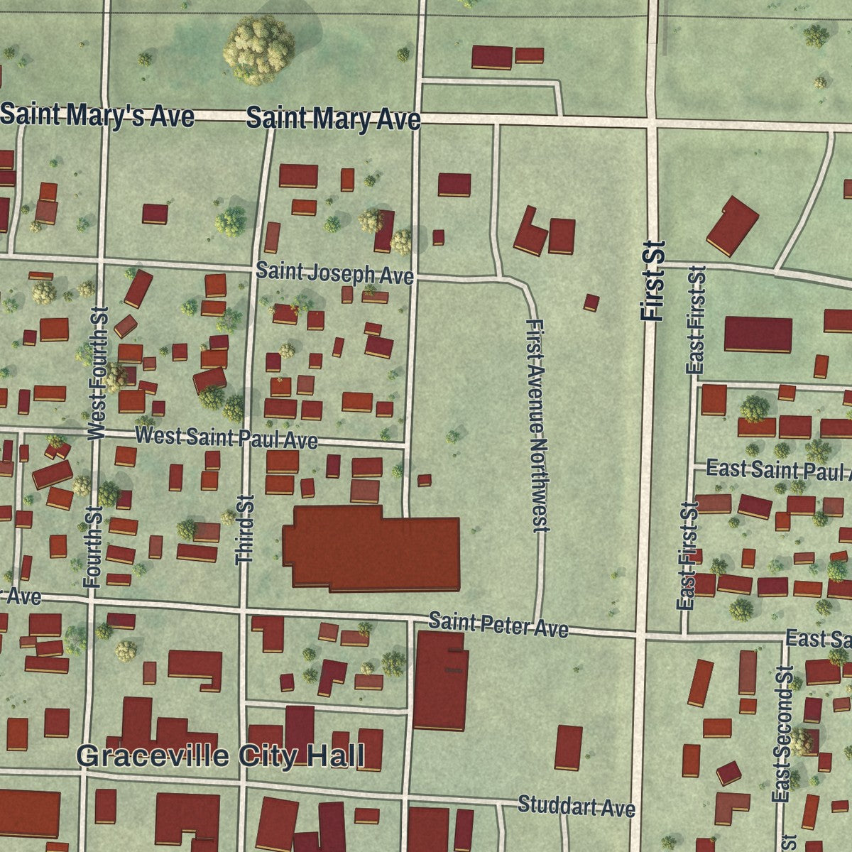 Close-up of the map of Graceville, Minnesota print showing street and building detail