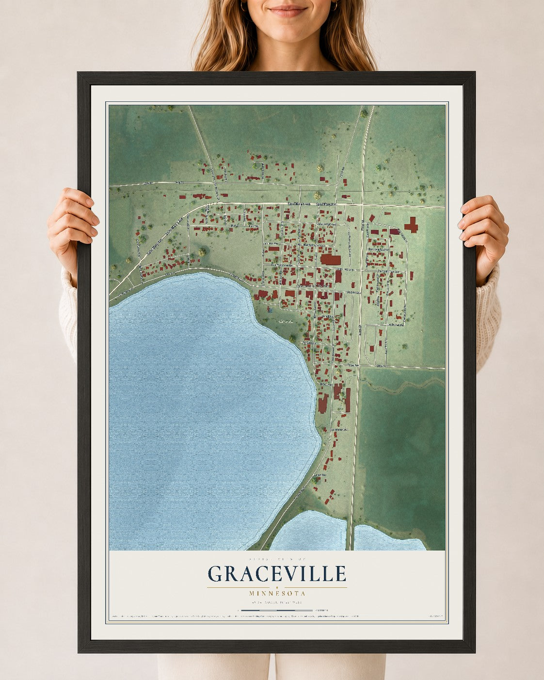 Map of Graceville, Minnesota, 24 x 36 inch print in a black wood frame
