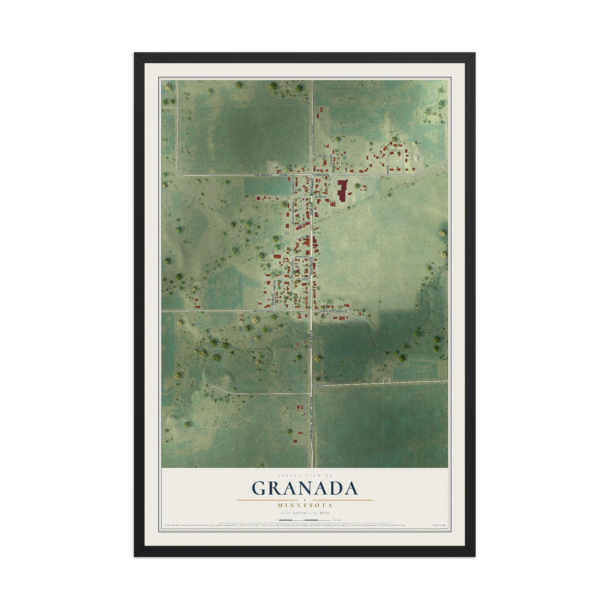 Map of Granada, Minnesota, 12 x 18 inch print in a black wood frame
