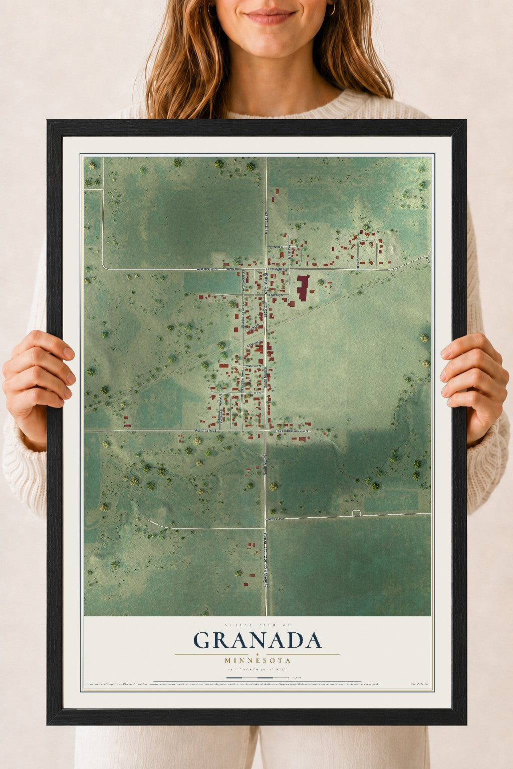 Map of Granada, Minnesota, 18 x 24 inch print in a black wood frame