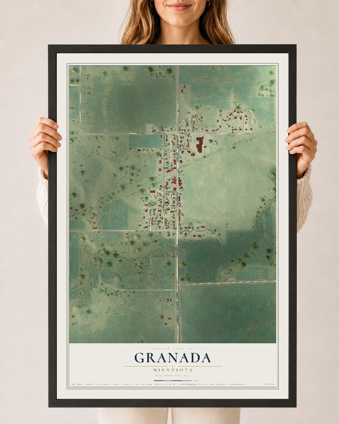 Map of Granada, Minnesota, 24 x 36 inch print in a black wood frame
