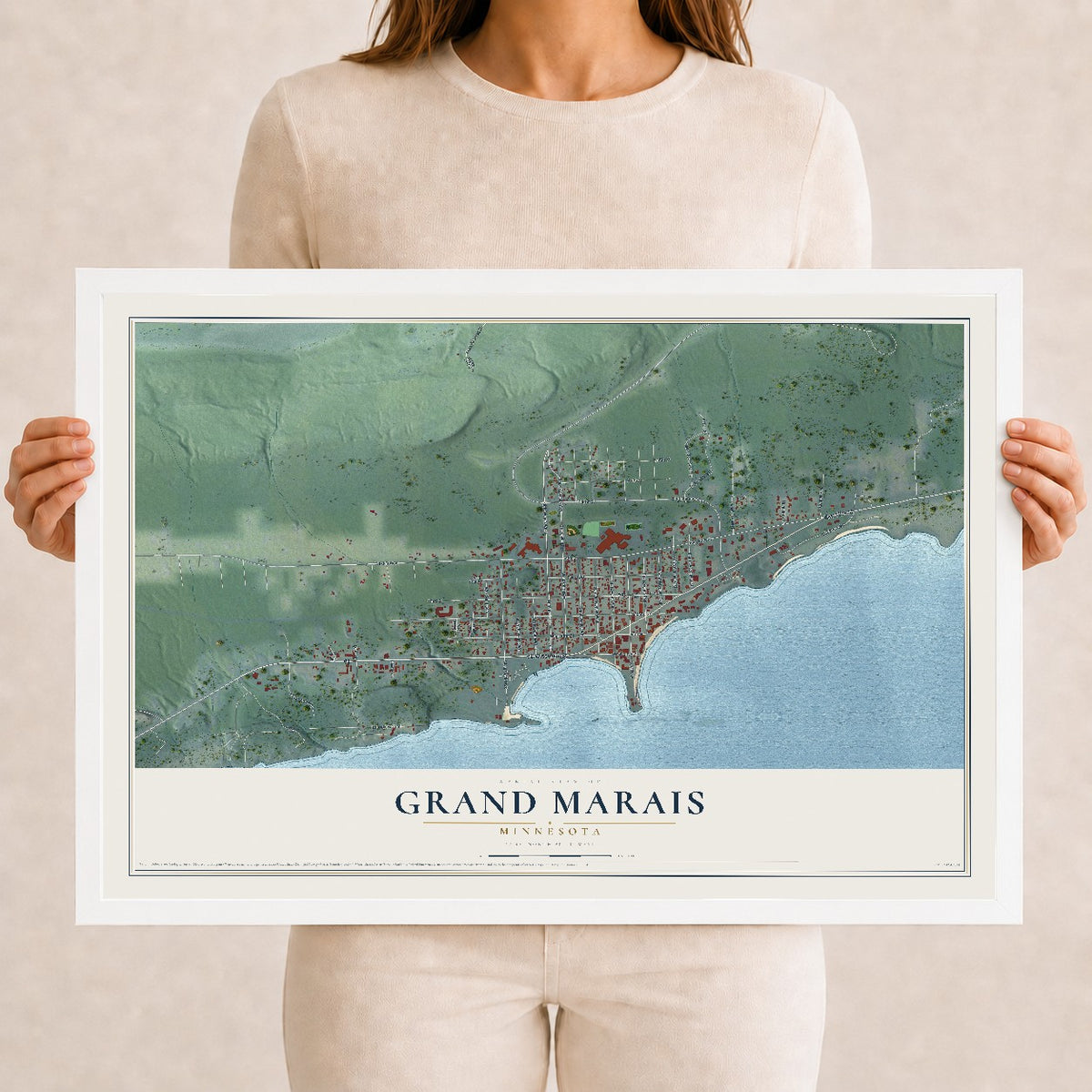 Map of Grand Marais, Minnesota, 12 x 18 inch print in a white wood frame