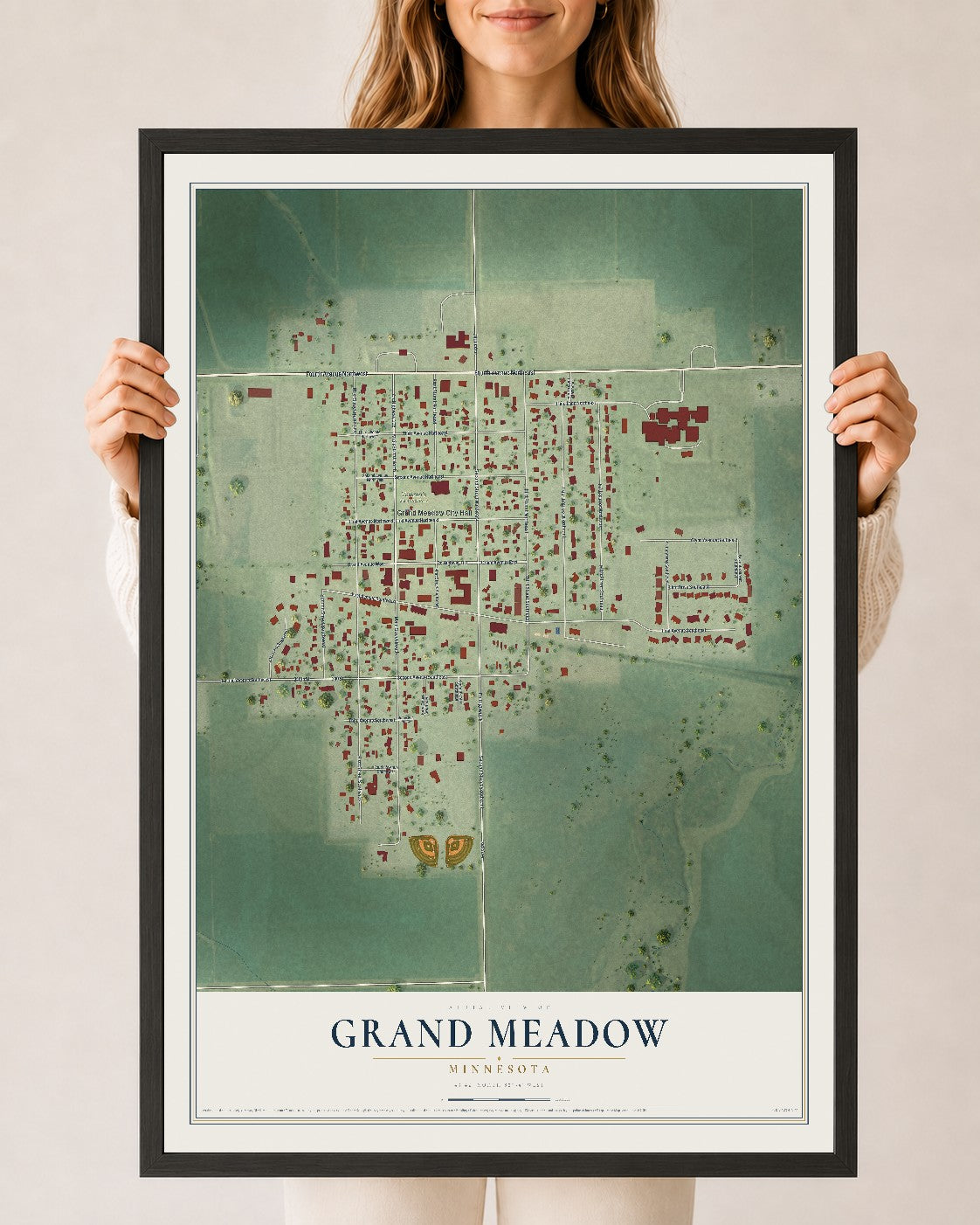 Map of Grand Meadow, Minnesota, 24 x 36 inch print in a black wood frame