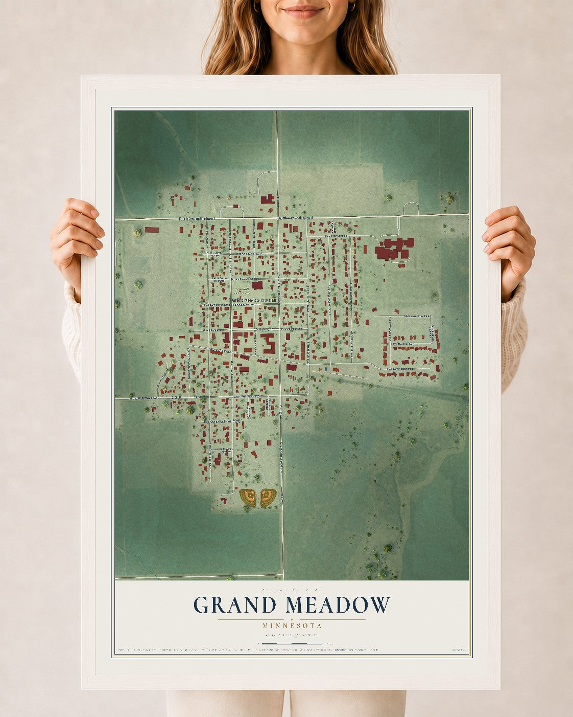Map of Grand Meadow, Minnesota, 24 x 36 inch print in a white wood frame