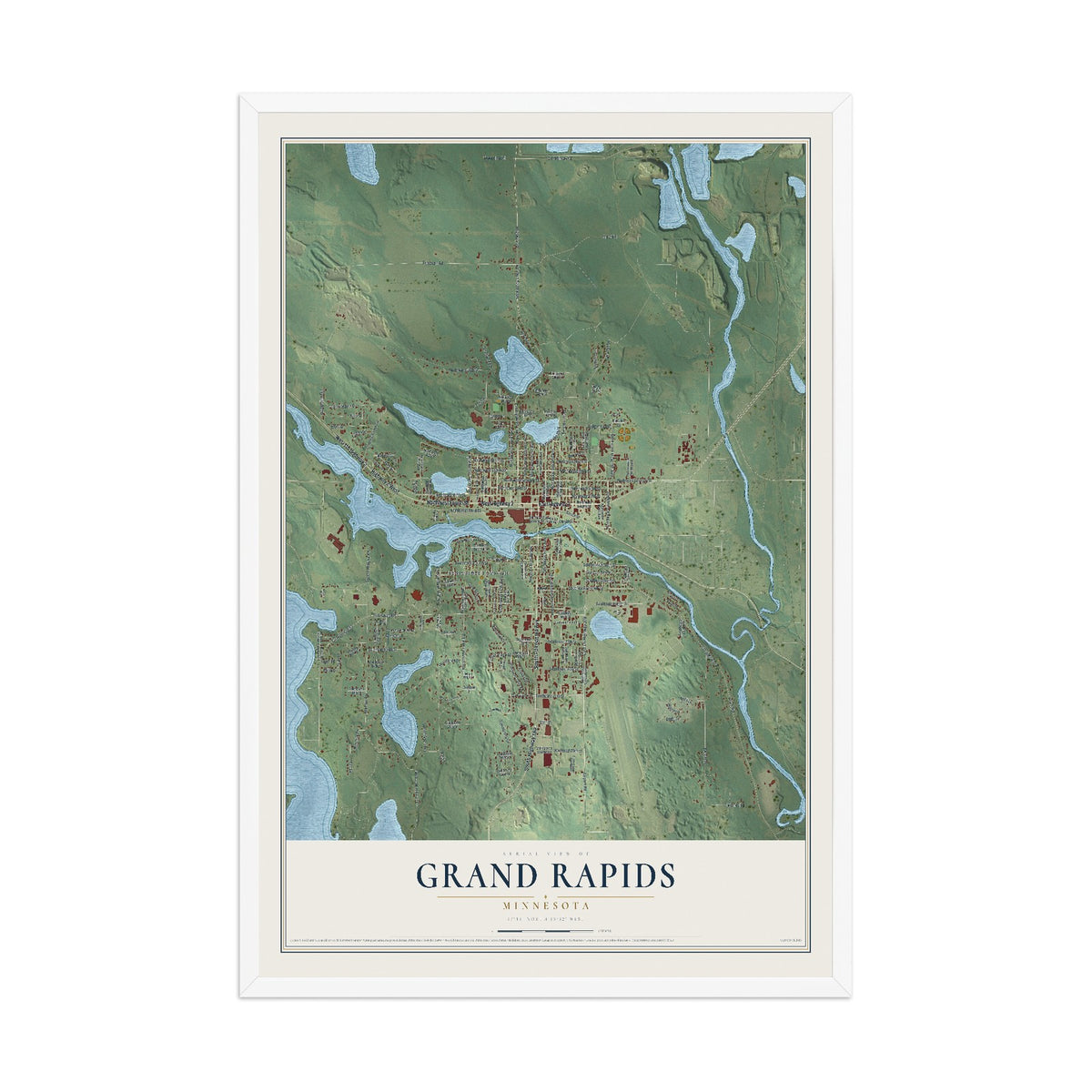 Map of Grand Rapids, Minnesota, 12 x 18 inch print in a white wood frame