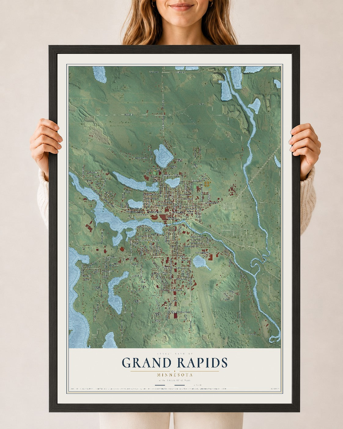 Map of Grand Rapids, Minnesota, 24 x 36 inch print in a black wood frame