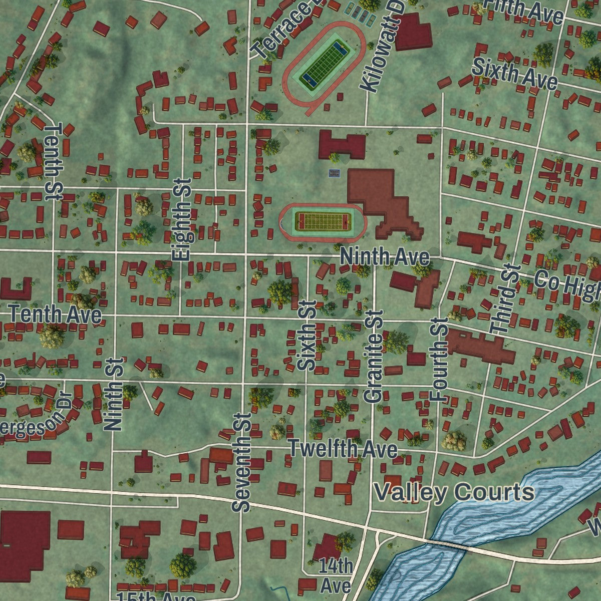 Close-up of the map of Granite Falls, Minnesota print showing street and building detail