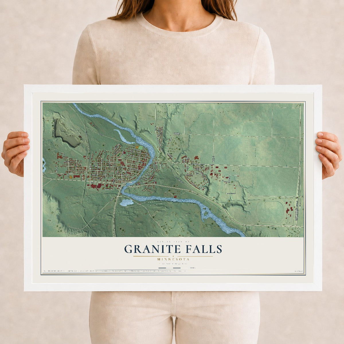 Map of Granite Falls, Minnesota, 12 x 18 inch print in a white wood frame