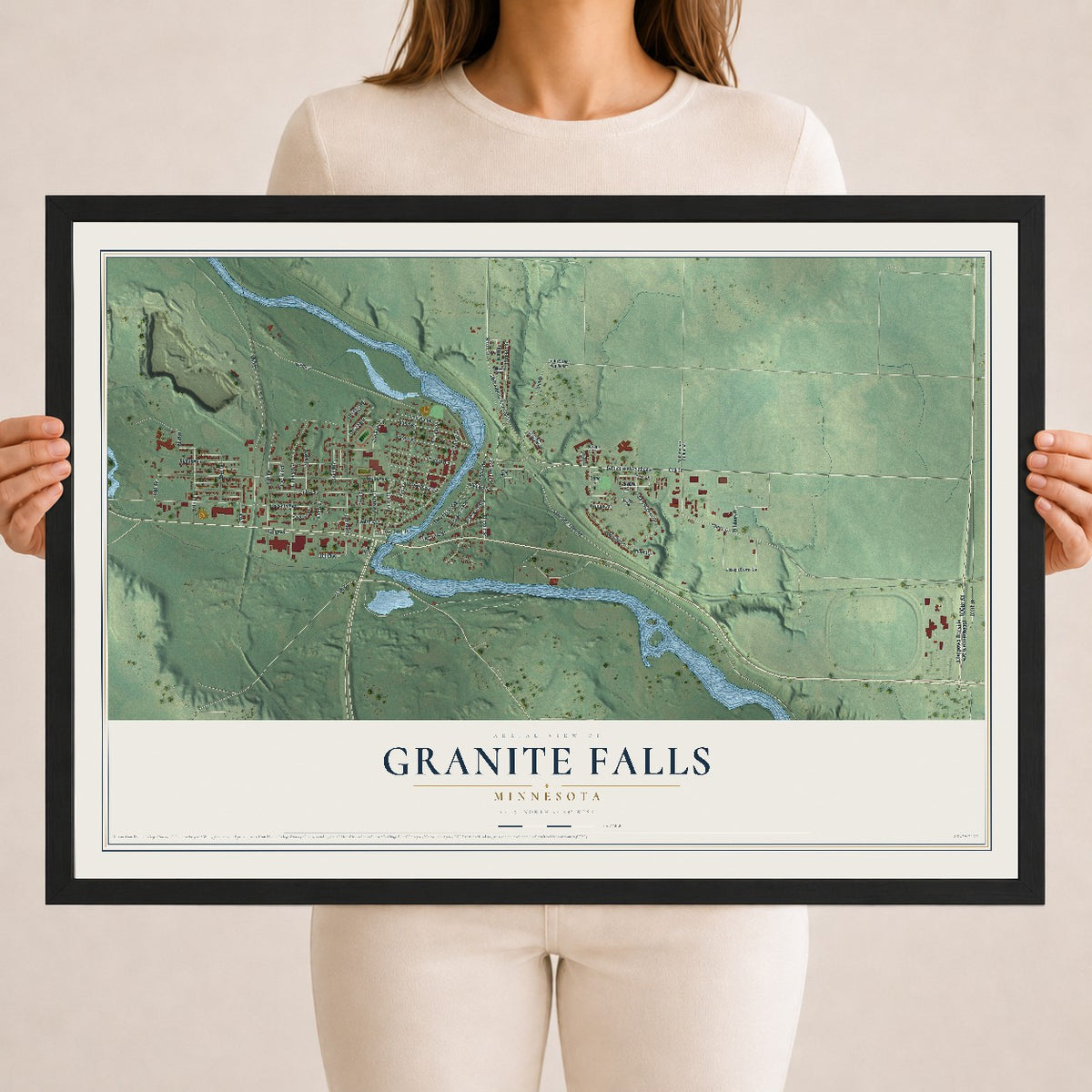 Map of Granite Falls, Minnesota, 18 x 24 inch print in a black wood frame
