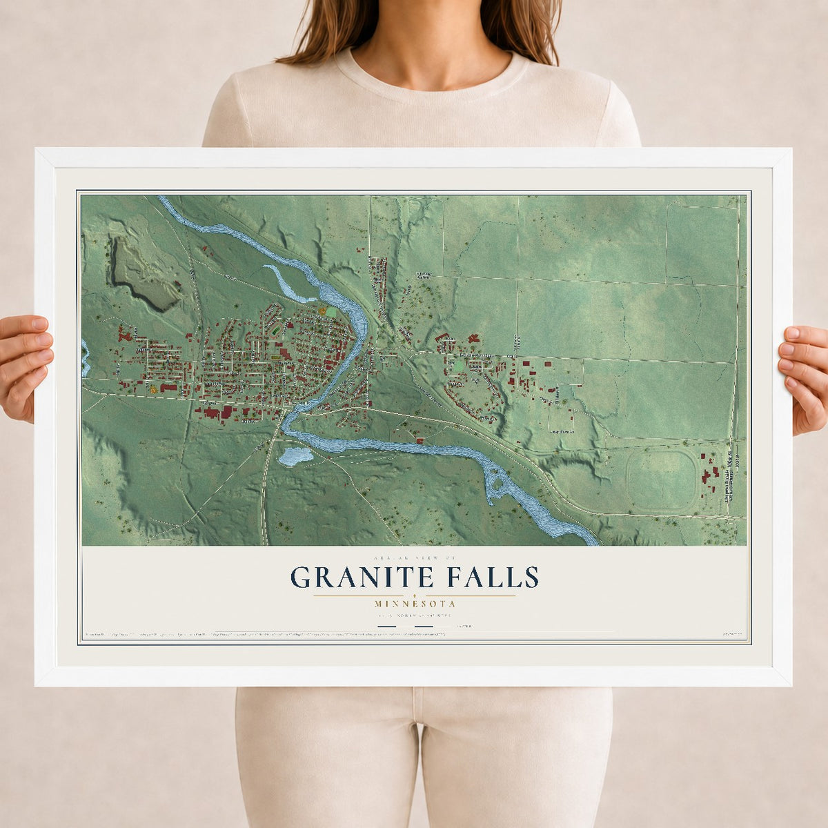 Map of Granite Falls, Minnesota, 18 x 24 inch print in a white wood frame