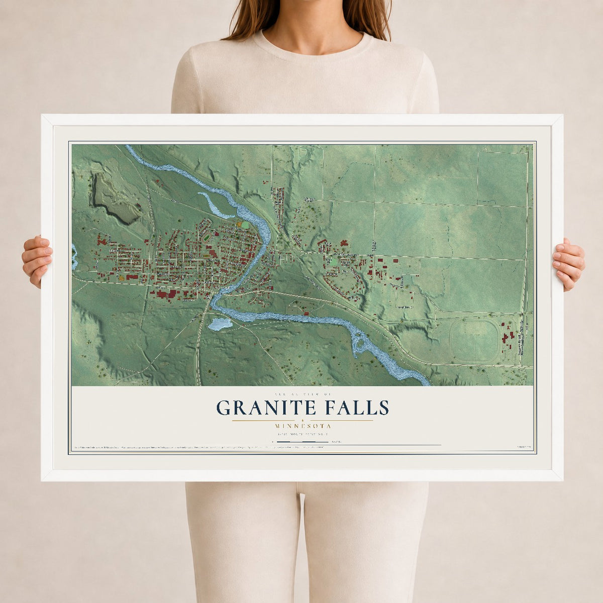 Map of Granite Falls, Minnesota, 24 x 36 inch print in a white wood frame