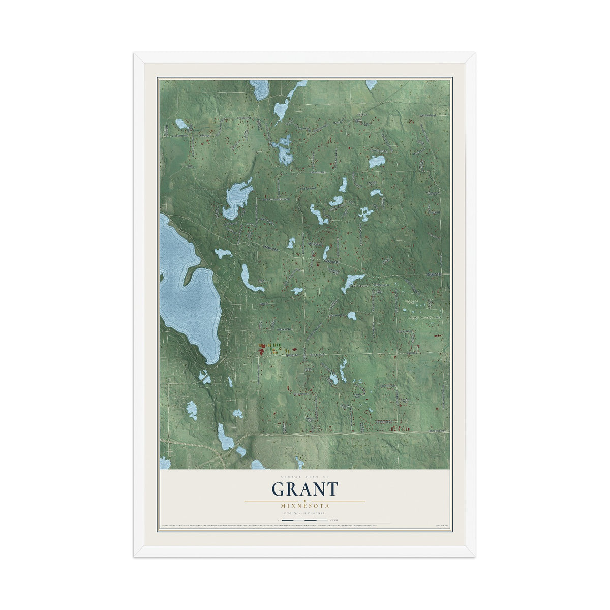 Map of Grant, Minnesota, 12 x 18 inch print in a white wood frame