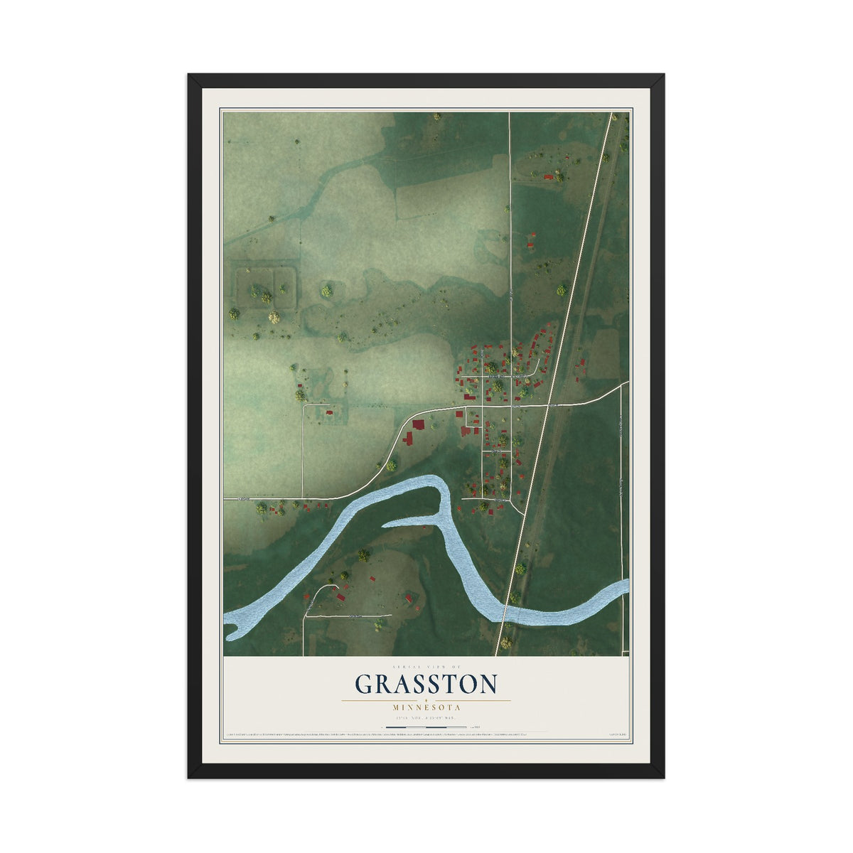 Map of Grasston, Minnesota, 12 x 18 inch print in a black wood frame