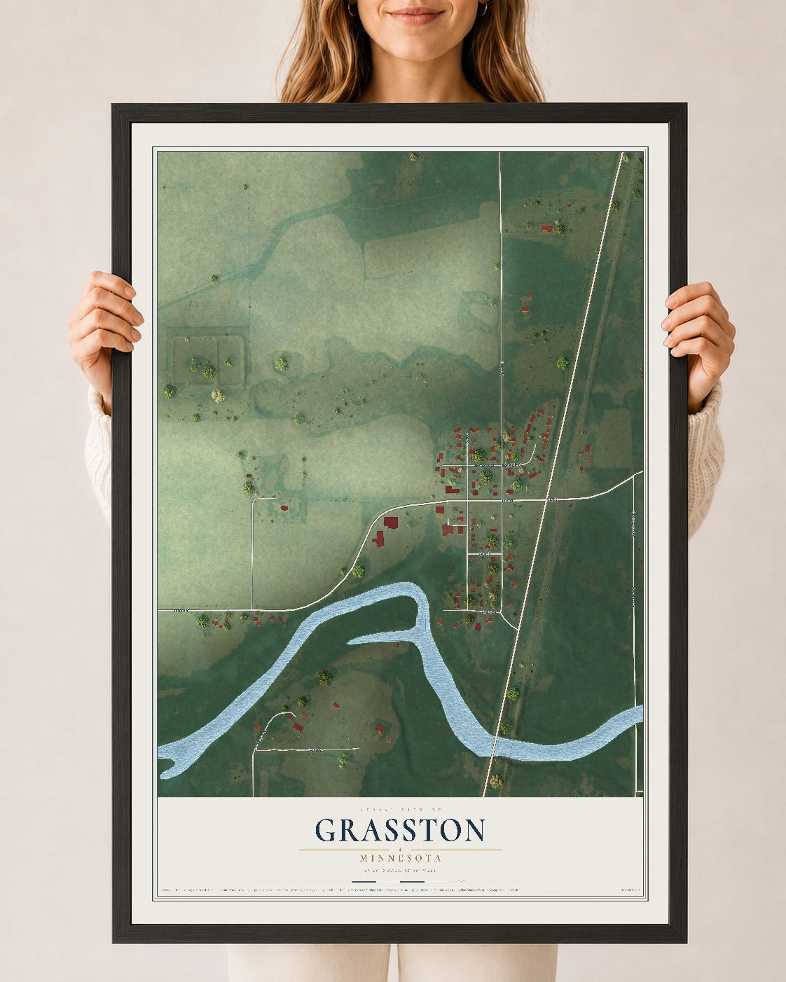 Map of Grasston, Minnesota, 24 x 36 inch print in a black wood frame