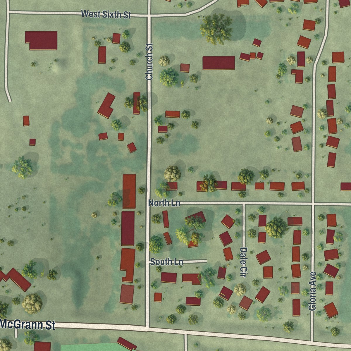 Second close-up of the map of Green Isle, Minnesota print showing more streets and buildings