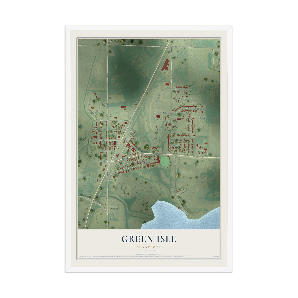 Map of Green Isle, Minnesota, 12 x 18 inch print in a white wood frame