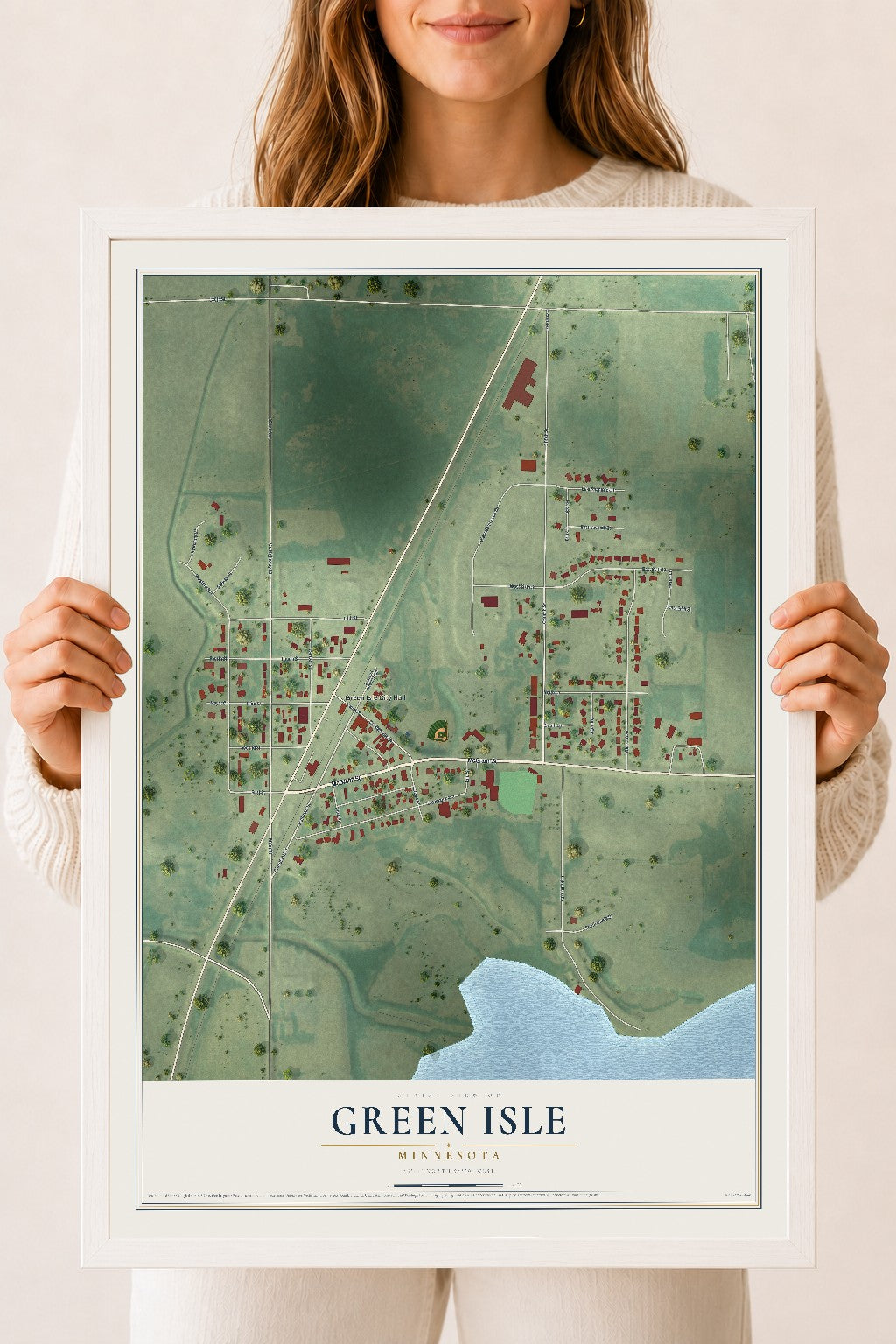 Map of Green Isle, Minnesota, 18 x 24 inch print in a white wood frame