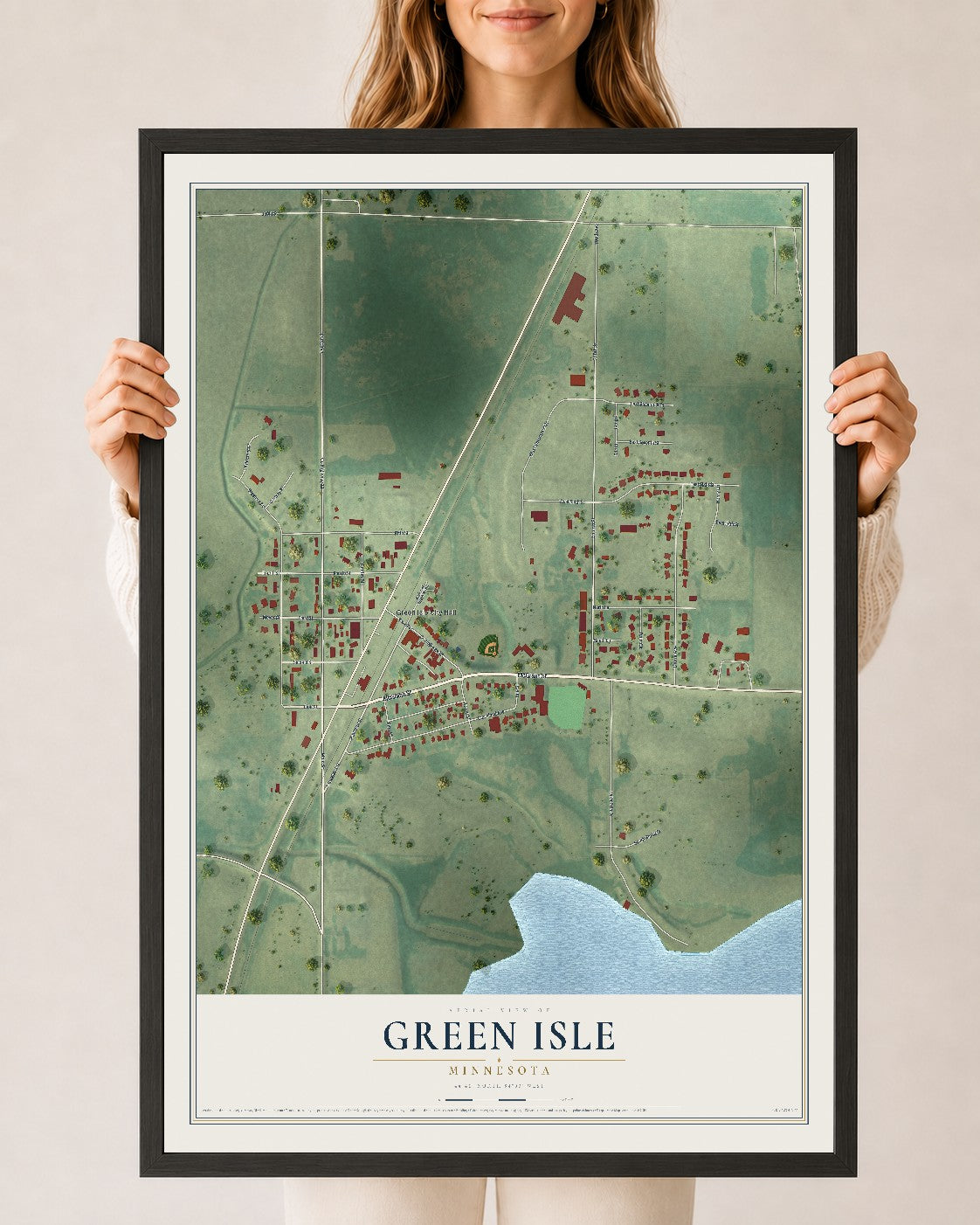 Map of Green Isle, Minnesota, 24 x 36 inch print in a black wood frame