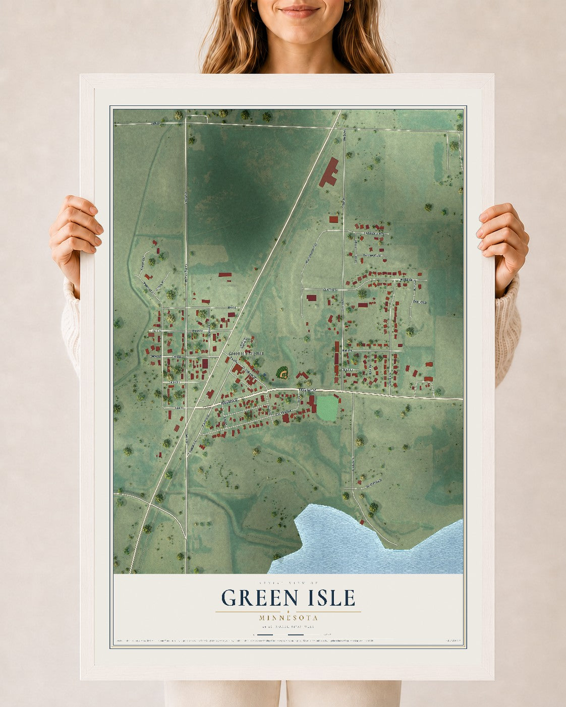 Map of Green Isle, Minnesota, 24 x 36 inch print in a white wood frame