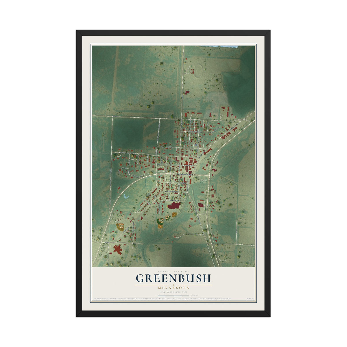Map of Greenbush, Minnesota, 12 x 18 inch print in a black wood frame