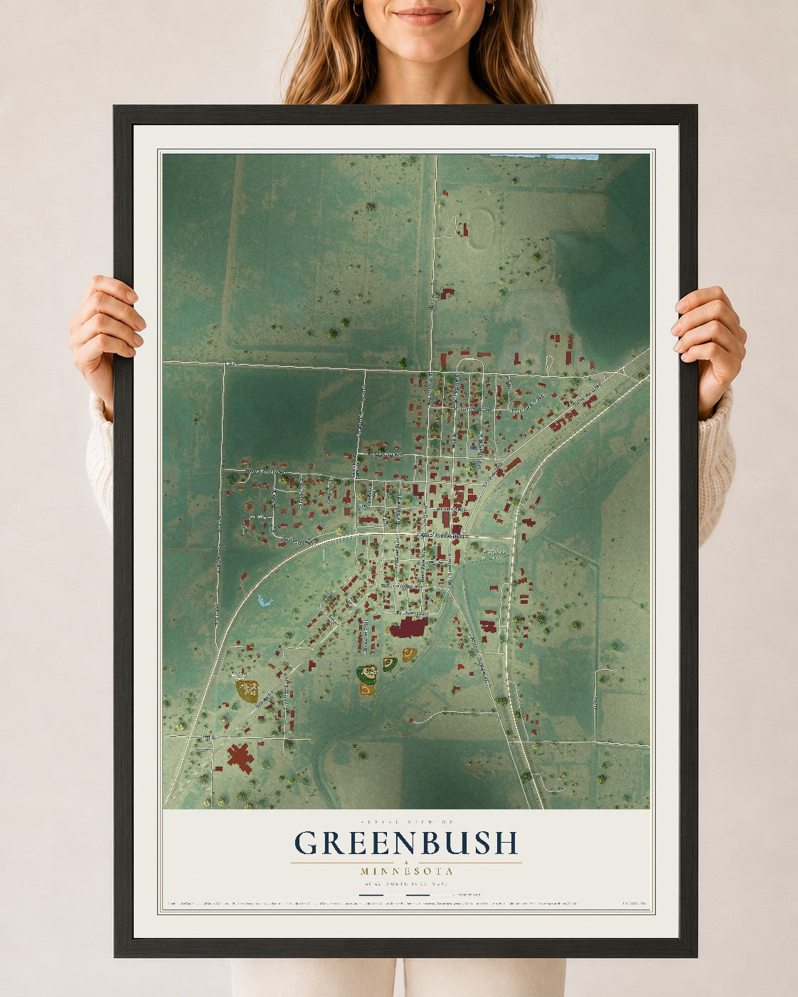 Map of Greenbush, Minnesota, 24 x 36 inch print in a black wood frame