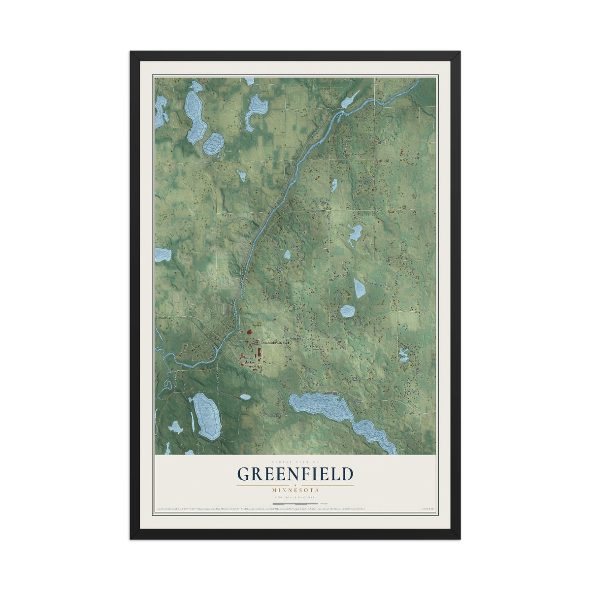 Map of Greenfield, Minnesota, 12 x 18 inch print in a black wood frame