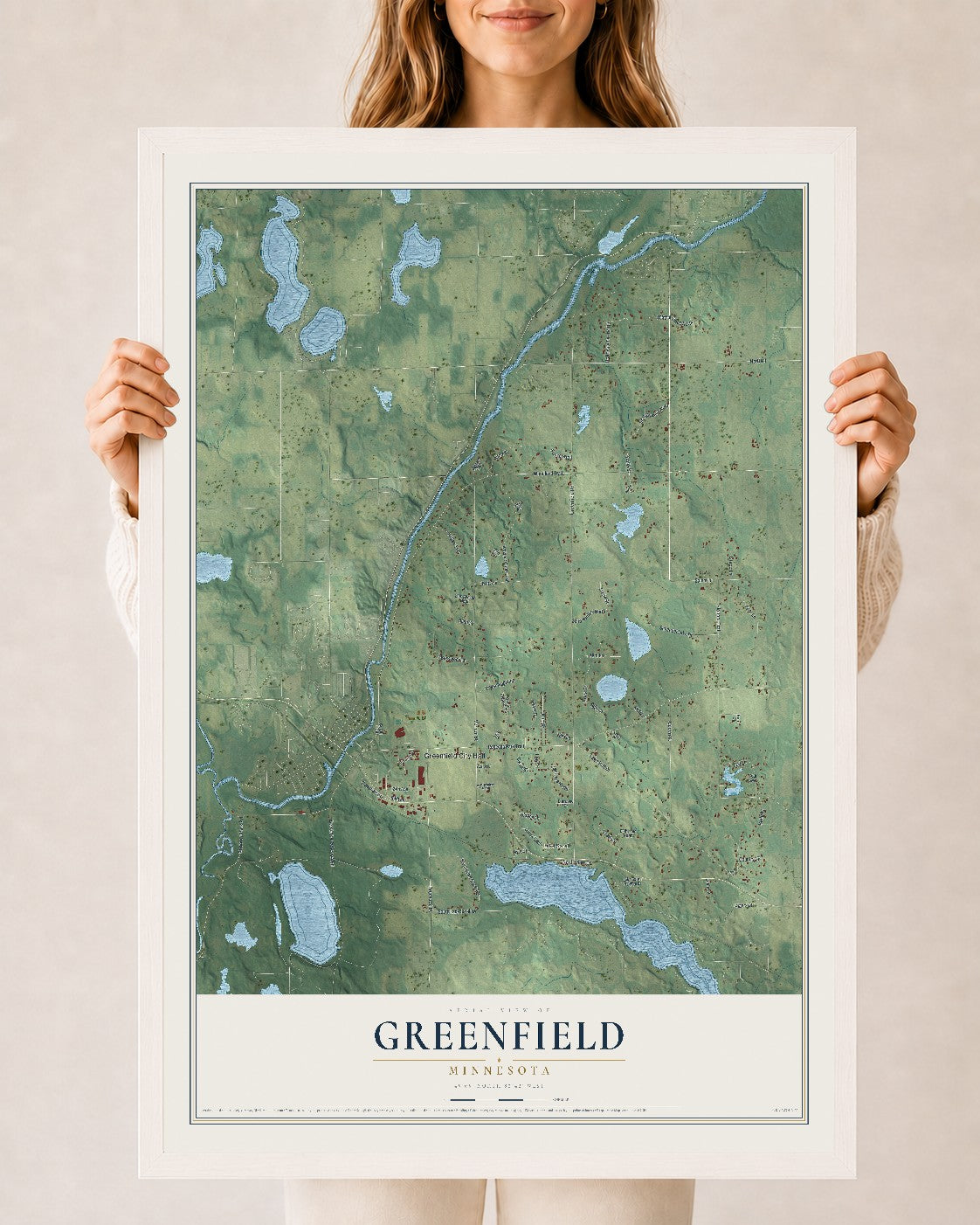 Map of Greenfield, Minnesota, 24 x 36 inch print in a white wood frame