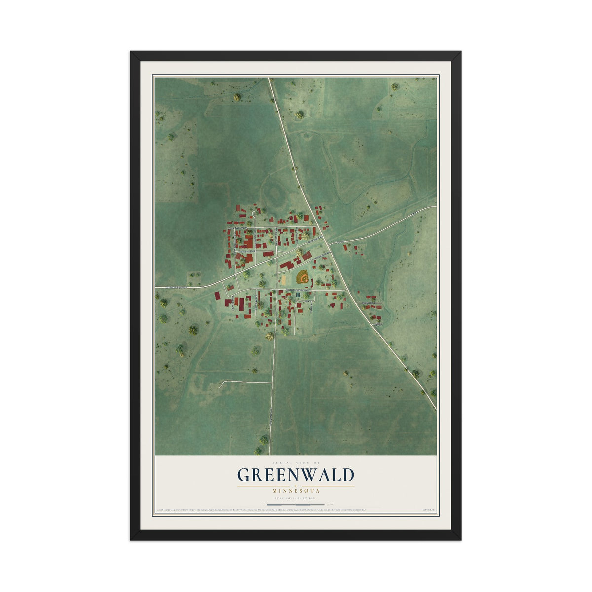 Map of Greenwald, Minnesota, 12 x 18 inch print in a black wood frame