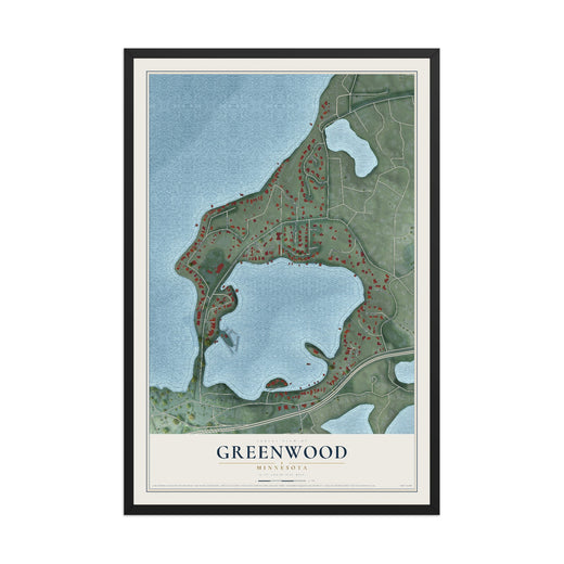 Map of Greenwood, Minnesota, 12 x 18 inch print in a black wood frame