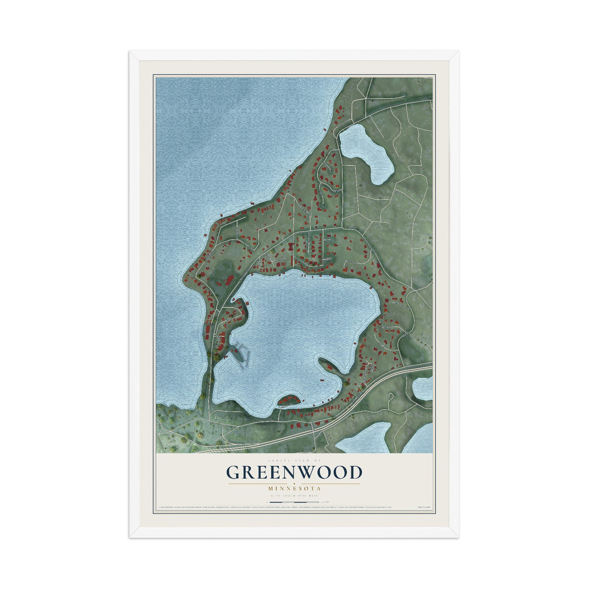 Map of Greenwood, Minnesota, 12 x 18 inch print in a white wood frame