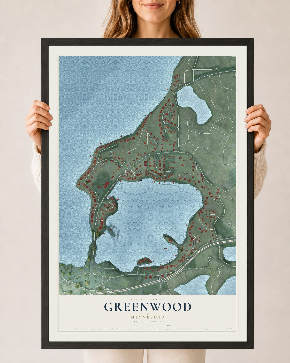 Map of Greenwood, Minnesota, 24 x 36 inch print in a black wood frame